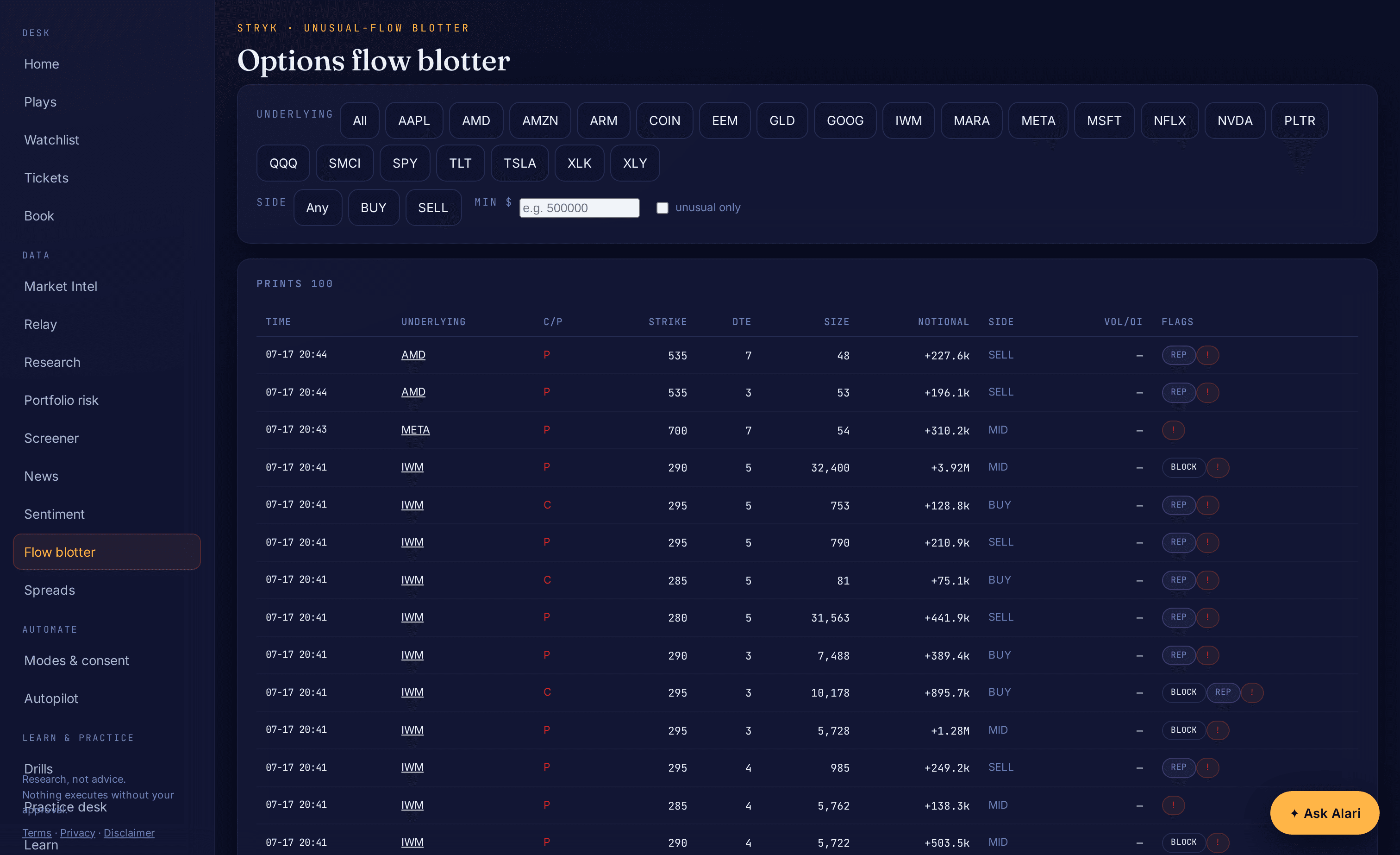 Stryk options flow blotter: the large, aggressive options prints streaming live, stamped with source and age